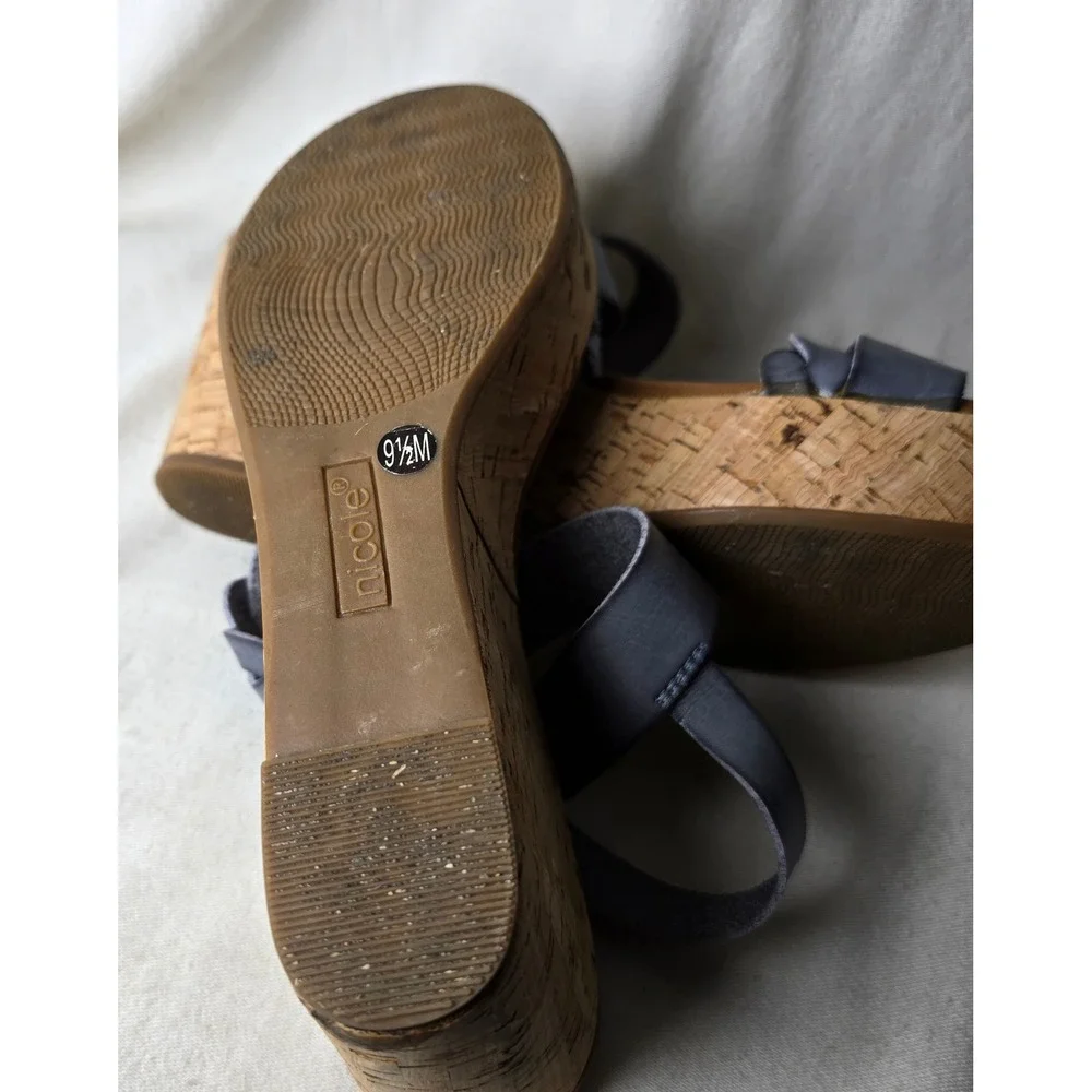 Nicole Debbie 9.5 Sandles Strappy Leather Blue Slate Wedge Platform‎ #2490